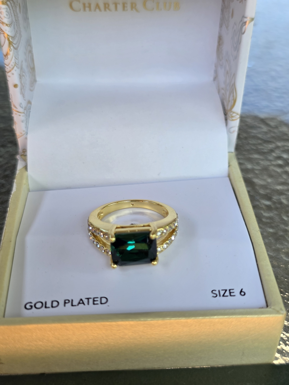 Charter Club Gold-Plated Ring with Emerald Green Center Stone Size 6 J2